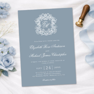 Elegant dammig blå monogram bröllopskrönika inbjudningar
