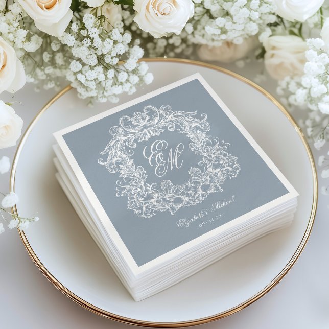 Elegant dammig blå monogram stämpel skript bröllop pappersservett (Skapare uppladdad)