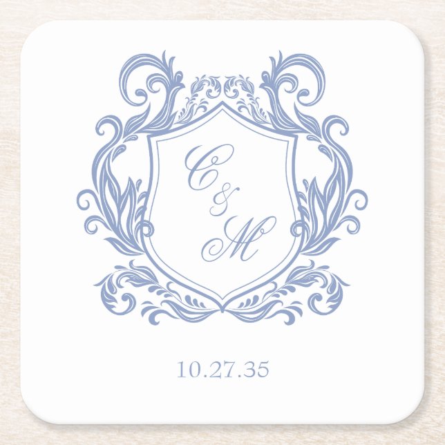 Elegant dammig blå monogram vapensköld bröllop underlägg papper kvadrat (Framsidan)
