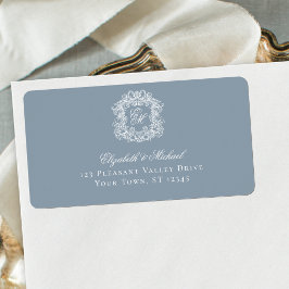 Elegant dammig blå monogram vapensköld bröllopsadr adressetikett