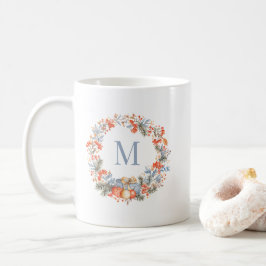 Elegant dammig blå monogramkrans jul kaffemugg