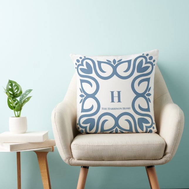 Elegant dammig blå monogrammanus kudde (Stol)
