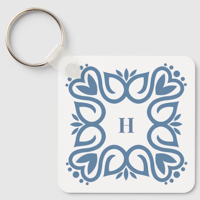 Elegant dammig blå monogrammanus nyckelring (Framsida)