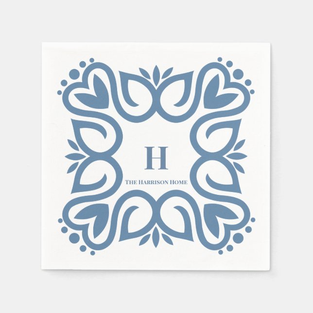 Elegant dammig blå monogrammanus pappersservett (Framsidan)