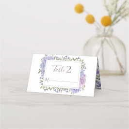 Elegant dammig blå och lila akvarellblomma placeringskort