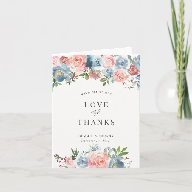 Elegant dammig blå och ros blomsterbukett tack kort (Framsida)