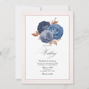Elegant dammig blå och roséguld blommande bröllop inbjudningar