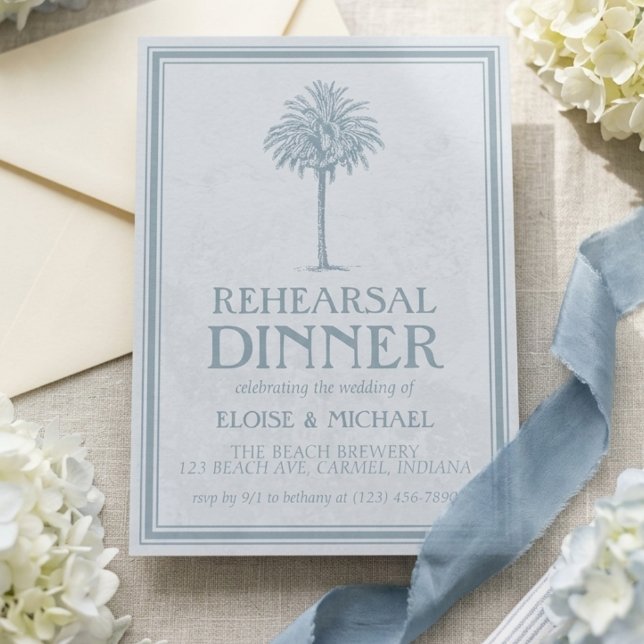 Elegant dammig blå palmer bröllopsrepetition inbjudningar (Elegant Dusty Blue Palm Tree Wedding Rehearsal Invitation
)