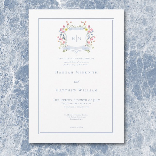 Elegant dammig blå pastell vildblomma vapen Bröllo Inbjudningar (Elegant Dusty Blue Pastel Wildflower Crest Wedding Invitation)