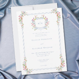 Elegant dammig blå pastell vildblomma vapen Weddin Inbjudningar