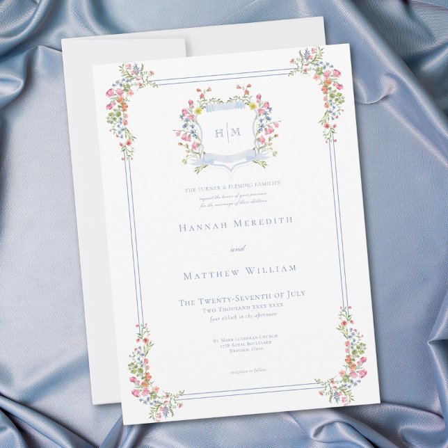 Elegant dammig blå pastell vildblomma vapen Weddin Inbjudningar (Elegant Dusty Blue Pastel Wildflower Crest Wedding Invitation)
