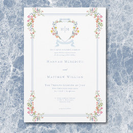 Elegant dammig blå pastell vildblomma vapen Weddin Inbjudningar