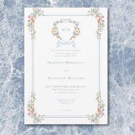 Elegant dammig blå pastell vildblomma vapen Weddin Inbjudningar
