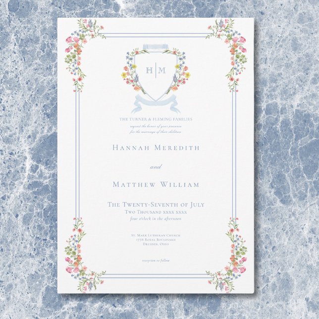 Elegant dammig blå pastell vildblomma vapen Weddin Inbjudningar (Elegant Dusty Blue Pastel Wildflower Crest Wedding Invitation)