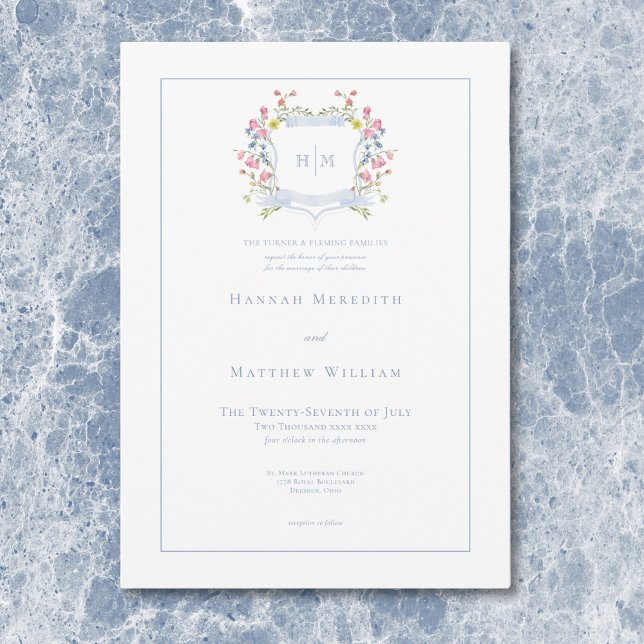 Elegant dammig blå pastell vildblomma vapen Weddin Inbjudningar (Elegant Dusty Blue Pastel Wildflower Crest Wedding Invitation)