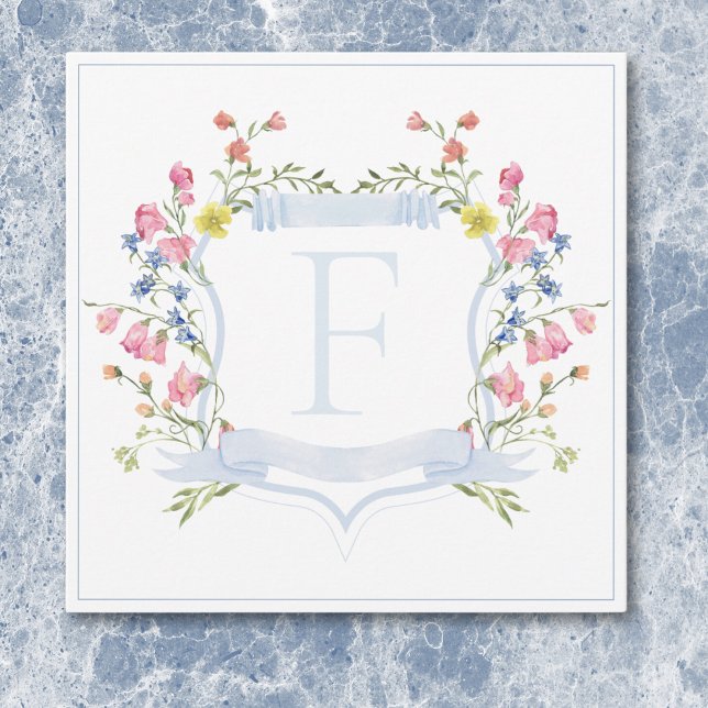 Elegant dammig blå pastell vildblomma vapen Weddin Tack Kort (Elegant Dusty Blue Pastel Wildflower Crest Wedding Thank You Card)