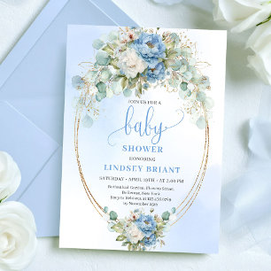 Elegant dammig blå peonies baby shower guld inbjud inbjudningar