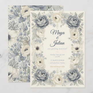 Elegant dammig blå peony fransk blomsterbröllop inbjudningar