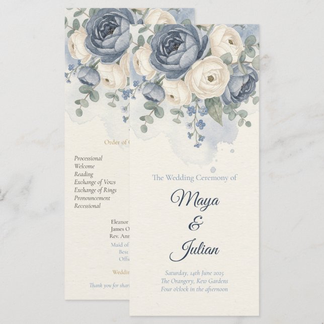 Elegant dammig blå peony fransk blomsterbröllop program (Fram/baksida)