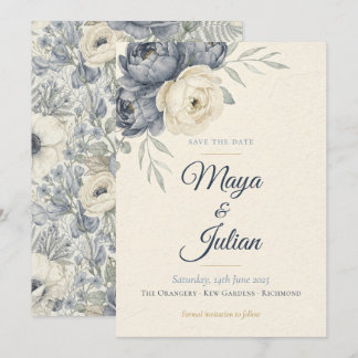 Elegant dammig blå peony fransk blomsterbröllop spara datumet