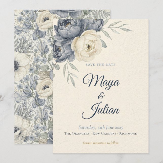 Elegant dammig blå peony fransk blomsterbröllop spara datumet (Fram/baksida)