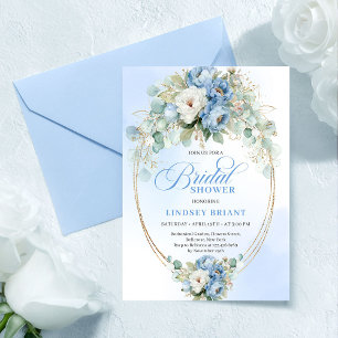 Elegant dammig blå peony guld bröllopsdusch inbjud inbjudningar