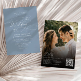 Elegant dammig blå QR-kod Rsvp foto bröllop Inbjudningar