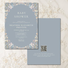 Elegant dammig blå QR-kod vildblomma baby shower