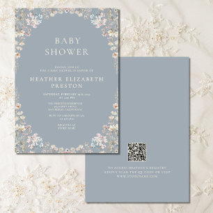 Elegant dammig blå QR-kod vildblomma baby shower Inbjudningar
