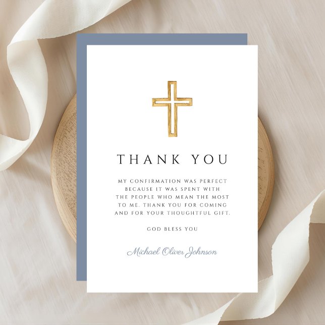 Elegant dammig blå religiös korsbekräftelse tack kort (Elegant Dusty Blue Religious Cross Confirmation Thank You Card)