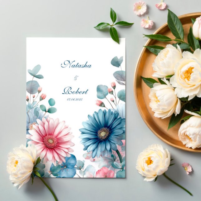 Elegant dammig blå rosa gerbera daisy eukalyptus inbjudningar (Skapare uppladdad)