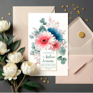 Elegant dammig blå rosa Gerbera Daisy guld ram Inbjudningar
