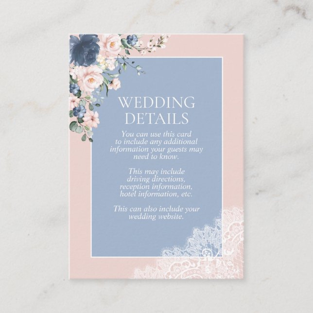 Elegant dammig blå rosafärgad blommig spetsdetalj tilläggskort (Framsida)