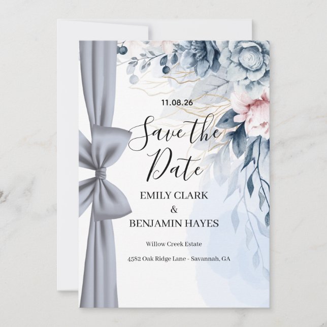 Elegant dammig blå rosett bröllop spara datumet (Framsida)