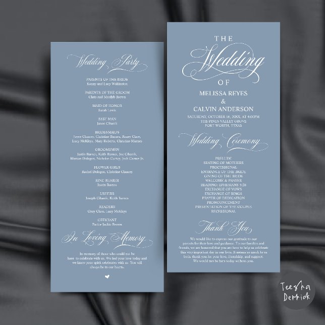 Elegant dammig blå script bröllopsceremoni program (Elegant Dusty Blue Script Wedding Ceremony Order Program Card)