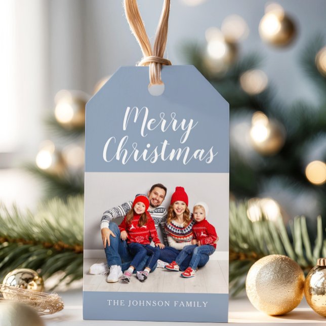 Elegant dammig blå script jul foto presentetikett (Elegant Dusty Blue Script Christmas Photo Gift Tags)