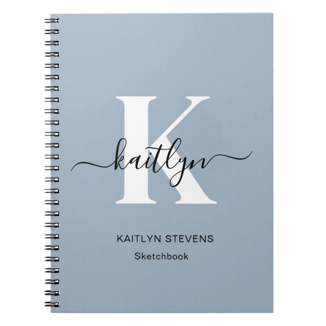 Elegant dammig blå scriptmonogram anteckningsbok (Framsidan)