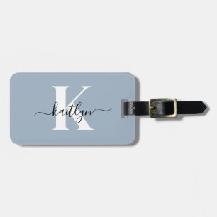Elegant dammig blå scriptmonogram bagagebricka