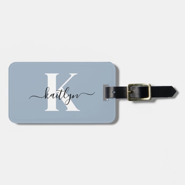 Elegant dammig blå scriptmonogram bagagebricka (Horisontell Framsida)