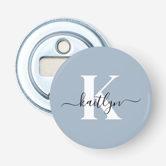 Elegant dammig blå scriptmonogram flasköppnare (Framsidan)