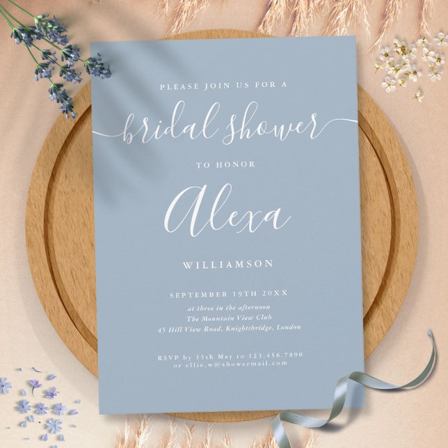 Elegant Dammig Blå Signatur Bröllopsdusch Inbjudningar (Elegant Dusty Blue Signature Bridal Shower Invitation)