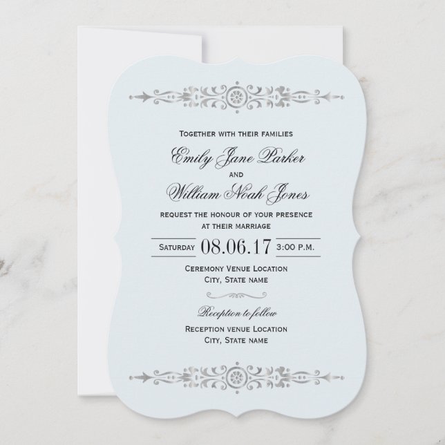 Elegant dammig blå silver bröllopsinbjudan inbjudningar (Framsida)