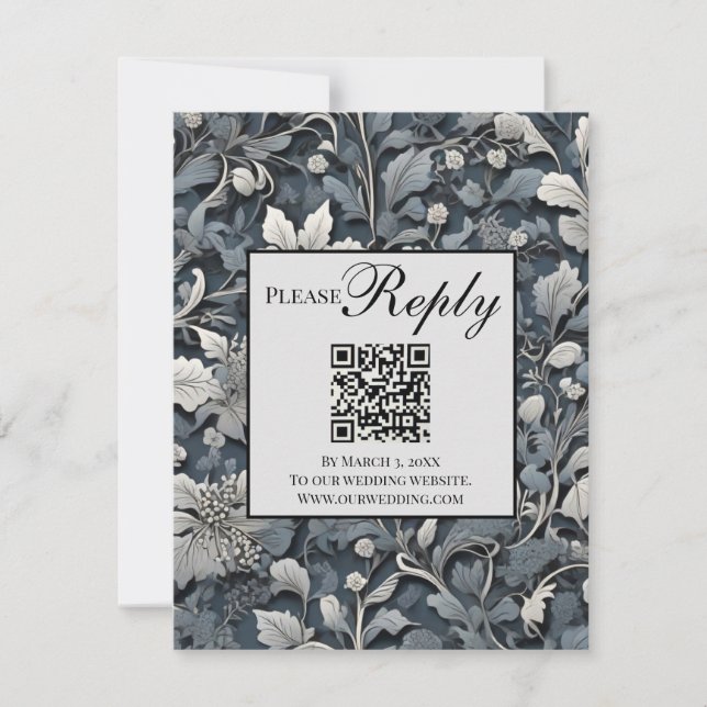 Elegant dammig blå silver grått blommigt QR-kod fö OSA Kort (Framsida)
