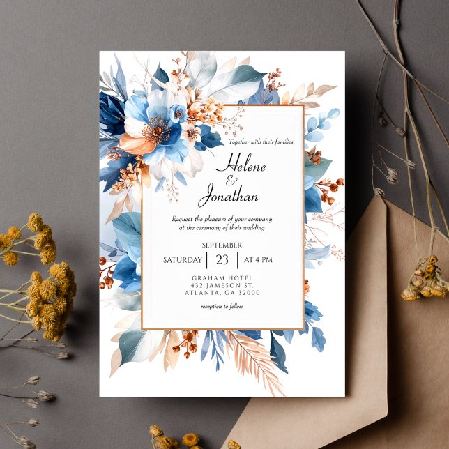 Elegant dammig blå silver terrakotta boho bröllop inbjudningar (Elegant Dusty Blue Silver Terracotta Boho Wedding Invitation)