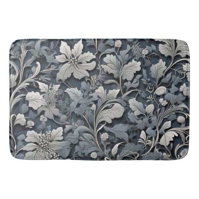 Elegant dammig blå silver-vit grått-blommigt badrumsmatta (Framsidan)