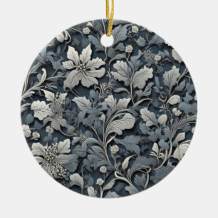 Elegant dammig blå silver-vit grått-blommigt julgransprydnad keramik
