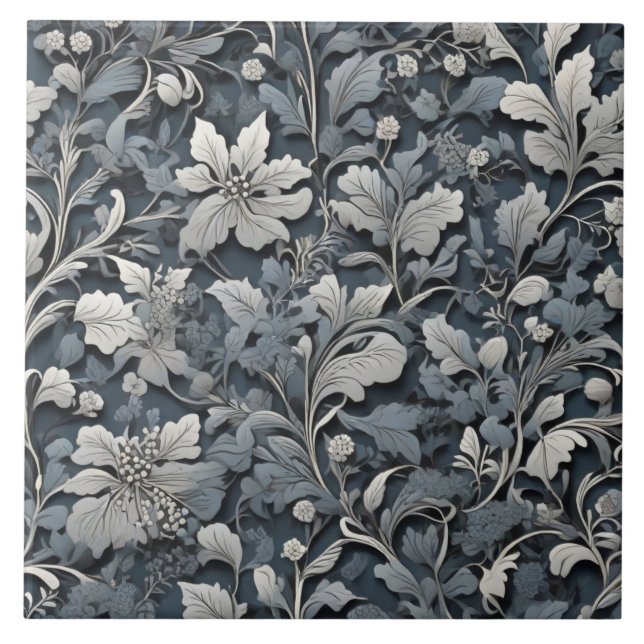 Elegant dammig blå silver-vit grått-blommigt kakelplatta (Framsidan)