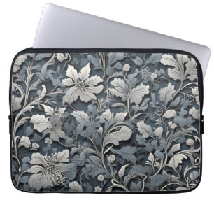Elegant dammig blå silver-vit grått-blommigt laptop fodral