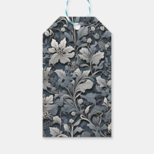 Elegant dammig blå silver-vit grått-blommigt presentetikett