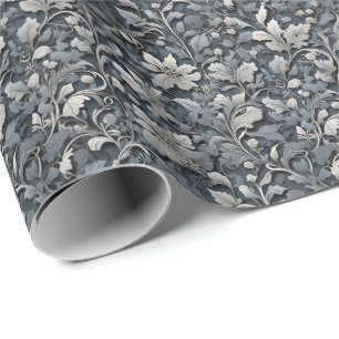 Elegant dammig blå silver-vit grått-blommigt presentpapper